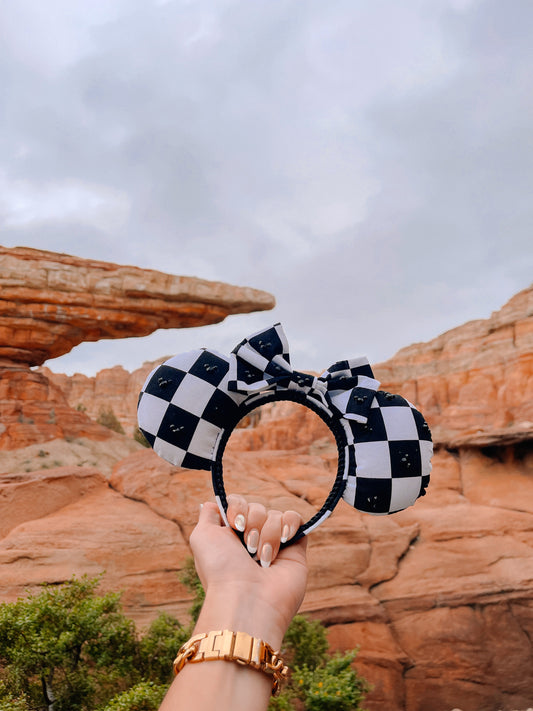 Black and White Checkered Embellished Mouse Ears