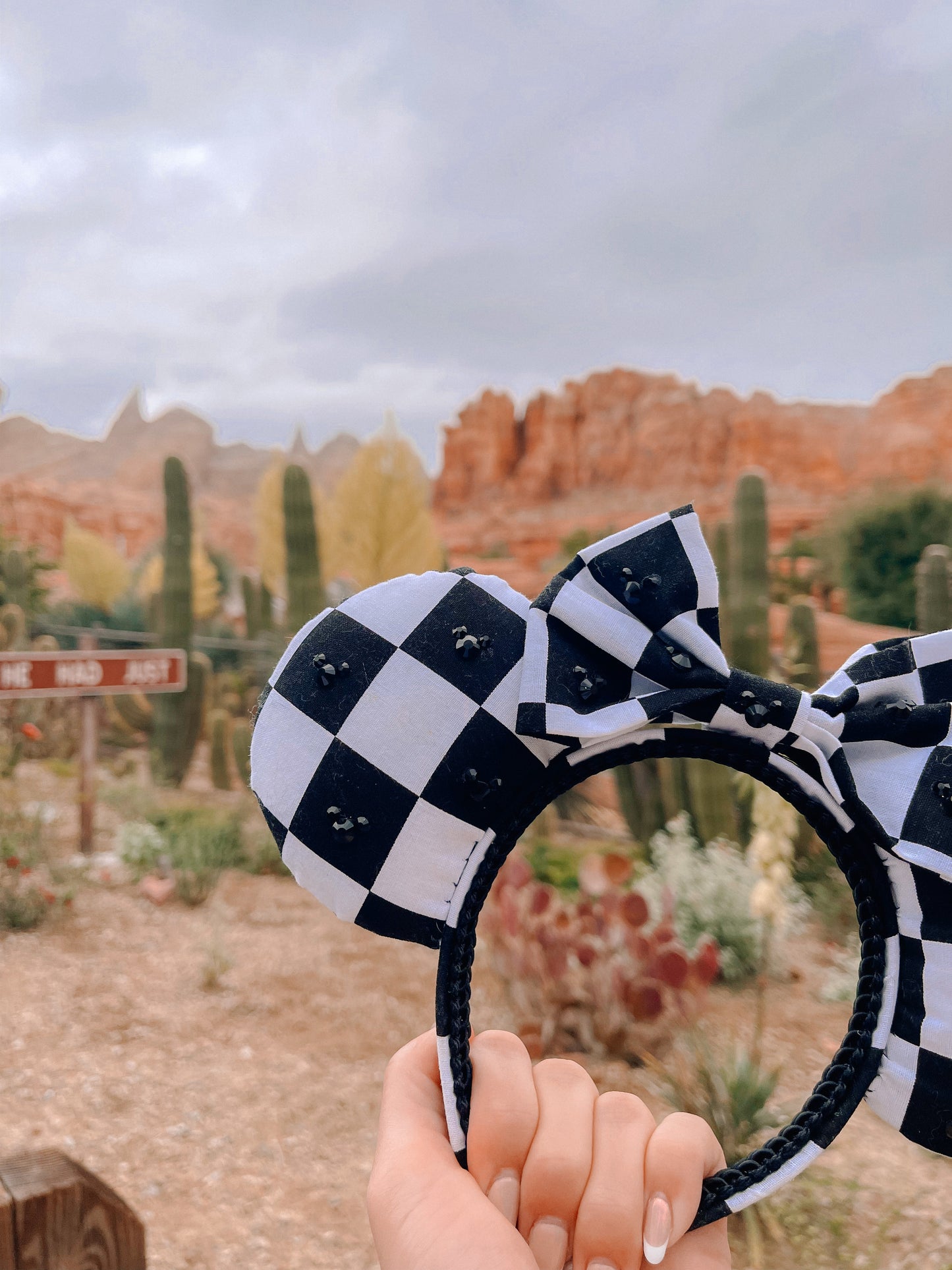 Black and White Checkered Embellished Mouse Ears