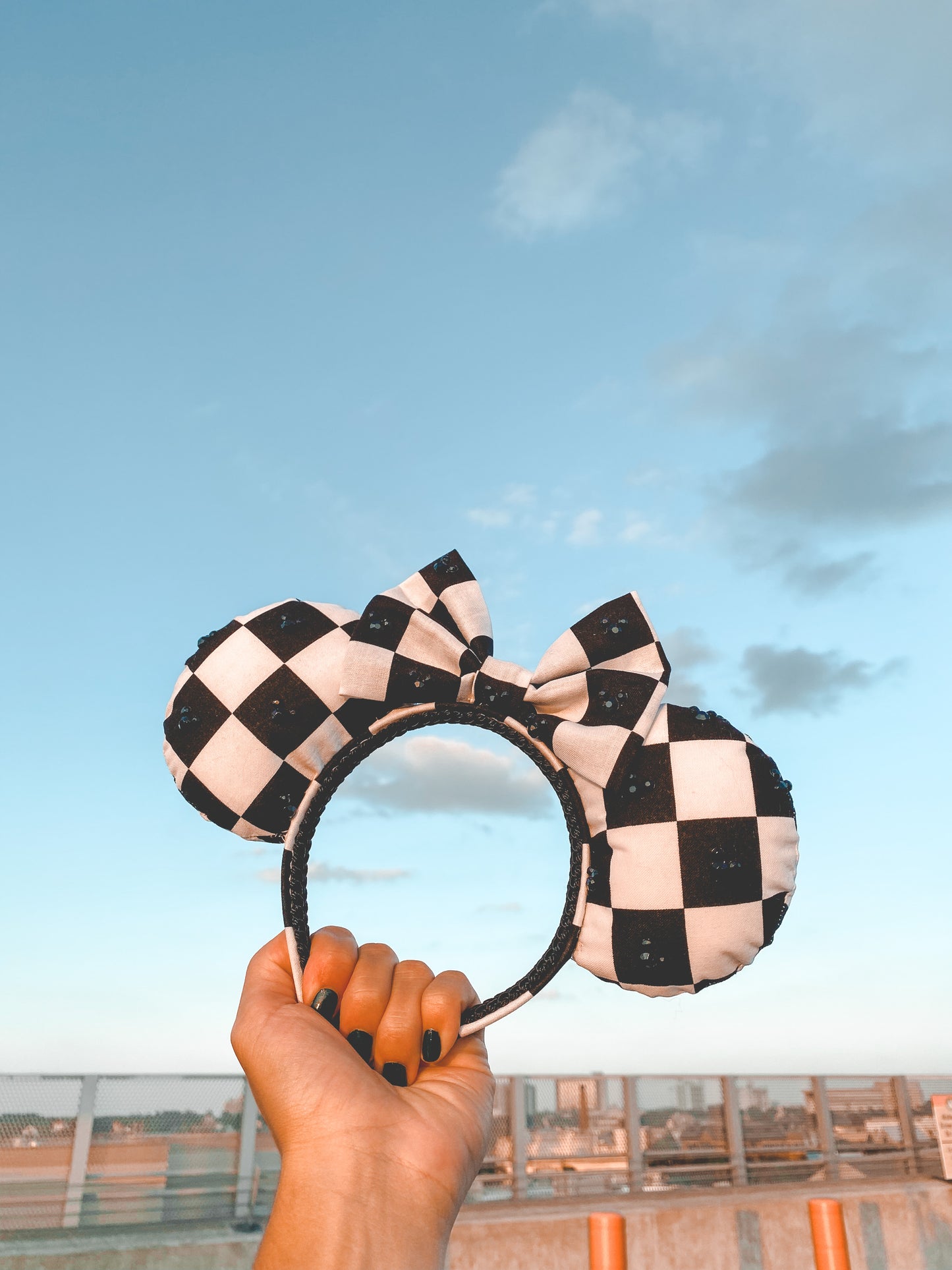 Black and White Checkered Embellished Mouse Ears